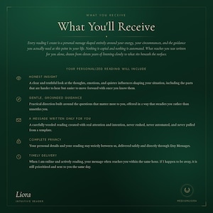 Infographic explaining what you receive in a personalized tarot and psychic reading, honest insight, gentle guidance, private same hour delivery