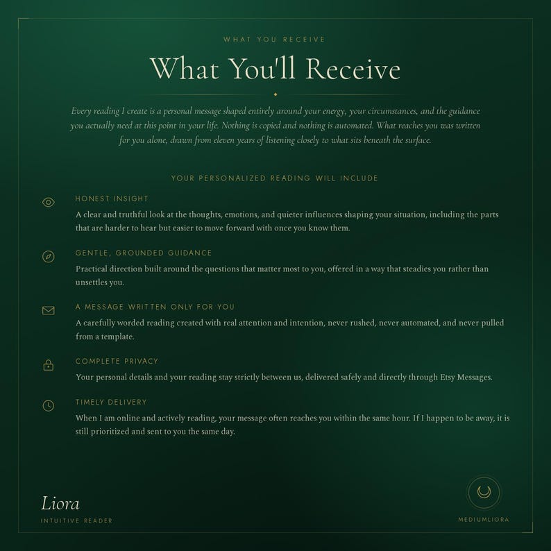 Infographic explaining what you receive in a personalized tarot and psychic reading, honest insight, gentle guidance, private same hour delivery
