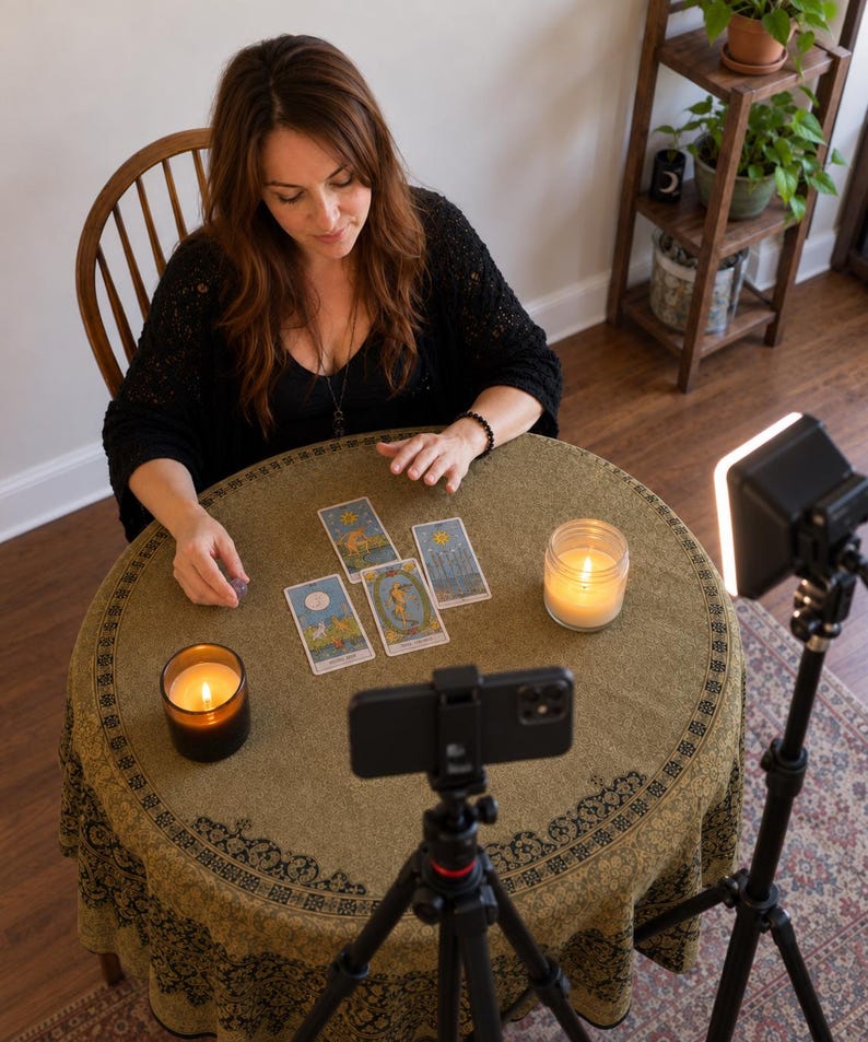 May include: A round table covered with an olive green cloth featuring a black border pattern, displaying four tarot cards arranged in a spread. Two lit candles in glass jars sit on the table alongside a smartphone mounted on a tripod for recording.