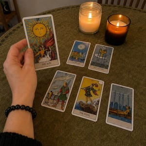 Hand holding The Sun tarot card above a tarot spread with lit candles, psychic tarot reading by intuitive reader Liora