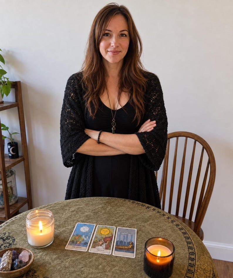 May include: A person with long brown hair wearing a black top and a black crocheted cardigan, standing behind a round table. On the table are three tarot cards, two lit candles in glass jars, and a small wooden bowl containing various crystals.