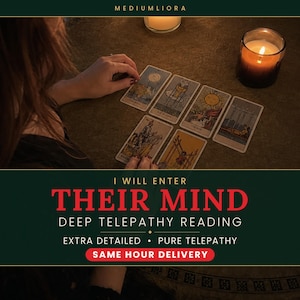 May include: Six tarot cards arranged on a dark surface with two lit candles. The text reads: MEDIUM LIORA, I WILL ENTER THEIR MIND, DEEP TELEPATHY READING, EXTRA DETAILED, PURE TELEPATHY, SAME HOUR DELIVERY. The cards feature various illustrations.