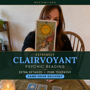 May include: A tarot card featuring a sun illustration with a face, a child on a white horse, and sunflowers. Text overlay reads: MEDIUM LIORA, EXTREMELY CLAIRVOYANT PSYCHIC READING, EXTRA DETAILED, PURE TELEPATHY, SAME HOUR DELIVERY. Three additional cards lie below.
