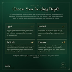 Choose your reading depth, Quick Standard In-Depth and Premium tarot and psychic reading options by Liora