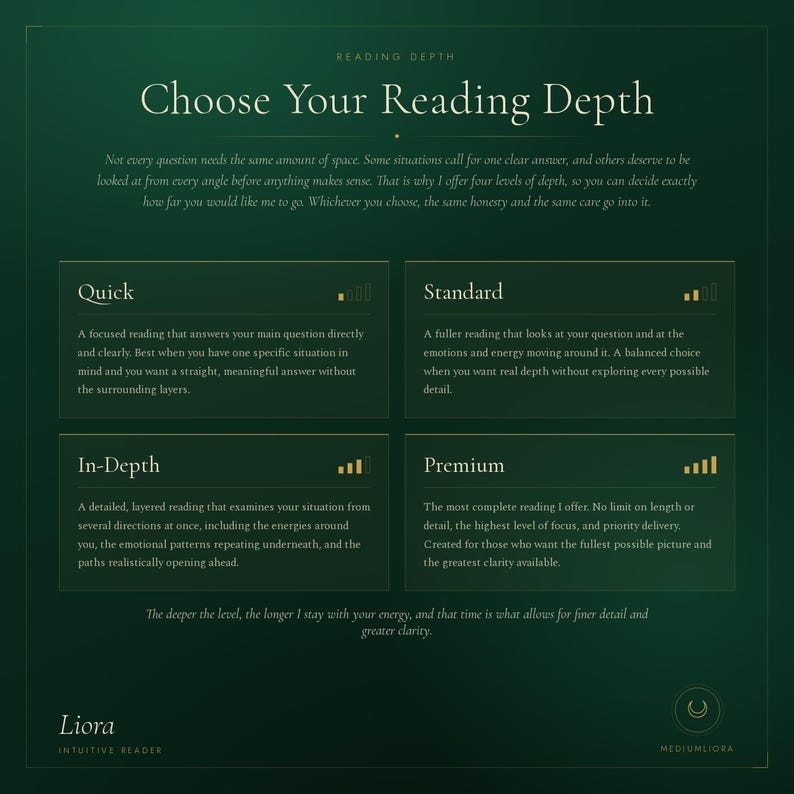 Choose your reading depth, Quick Standard In-Depth and Premium tarot and psychic reading options by Liora