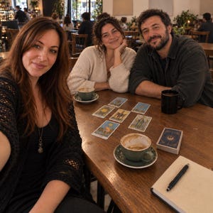 May include: A wooden table features a spread of tarot cards arranged in a pattern, a deck of cards, a notebook with a black pen, and two ceramic mugs containing beverages. Three individuals are positioned around the table in a cafe setting.