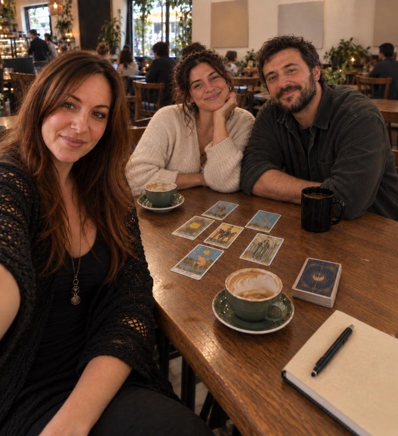 May include: A wooden table features a spread of tarot cards arranged in a pattern, a deck of cards, a notebook with a black pen, and two ceramic mugs containing beverages. Three individuals are positioned around the table in a cafe setting.