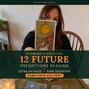 May include: A tarot card featuring a sun illustration with a face, a child, and a white horse, held up. Text reads: MEDIUM LIORA, EXTREMELY DETAILED 12 FUTURE PREDICTIONS READING, EXTRA DETAILED, PURE TELEPATHY, SAME HOUR DELIVERY. Three cards lie on the table.