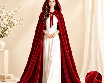 Red Black Velvet Hooded Cloak, Long Medieval Cape, Renaissance Inspired Cape, Gothic Velvet Outerwear, Hooded Shawl Wrap, Elegant Costume