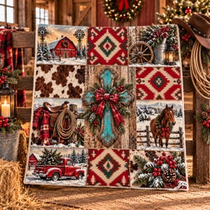 Western Christmas Blanket Rustic Cowboy Holiday Throw Farmhouse Christmas Decor Horse & Red Truck Blanket Cozy Country Gift Sherpa Blanket