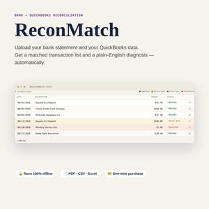 Könnte beinhalten: Eine digitale Benutzeroberfläche für ReconMatch, ein QuickBooks-Abstimmungstool. Sie zeigt eine Transaktionstabelle mit Spalten für Datum, Beschreibung, Betrag und Status sowie Text, der den automatisierten Abgleichprozess und die Offline-Funktionalität erläutert.