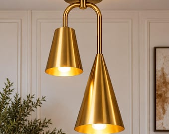 Handmade Brass Double Cone Chandelier – Modern 2-Light Pendant, Luxury Gold Ceiling Light, Contemporary Home Decor