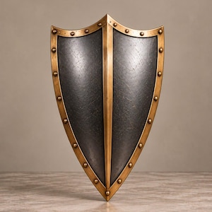 Könnte beinhalten: Ein spitzer Schild mit einer dunklen, texturierten, anthrazitfarbenen Oberfläche, die durch einen zentralen vertikalen Grat geteilt wird. Der Schild ist von einem metallisch goldfarbenen Rand umgeben, der mit gleichmäßig verteilten, erhabenen Nieten verziert ist.