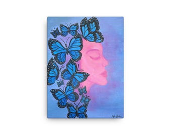 Blue Butterfly Wall Art, Woman Portrait Canvas, Feminine Art Print, Colorful Modern Wall Decor