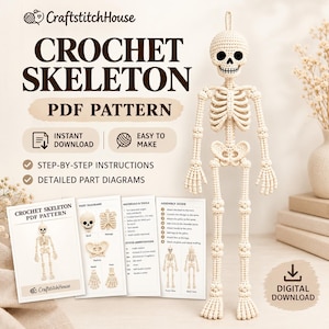 Op de afbeelding: Een haakpatroon voor een skelet als PDF van CraftStitchHouse met een afgewerkt gebroken wit garen skelet met zwarte ogen. De digitale download bevat stapsgewijze instructies, diagrammen, een materialenlijst en een montagehandleiding.