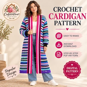 Könnte beinhalten: Eine lange, vorne offene Häkelstrickjacke mit horizontalen Streifen in leuchtenden Farben wie Pink, Blau, Violett, Schwarz und Weiß. Das Kleidungsstück hat lange Ärmel mit schwarzen Bündchen und einen pinken Rand. Text: CROCHET CARDIGAN PATTERN.