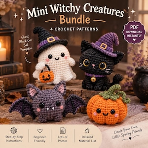 Puede incluir: Un paquete de patrones de ganchillo titulado Mini Witchy Creatures que incluye cuatro personajes: un fantasma blanco con sombrero negro y cubo de calabaza, un gato negro con sombrero morado, un murciélago morado y una calabaza naranja.