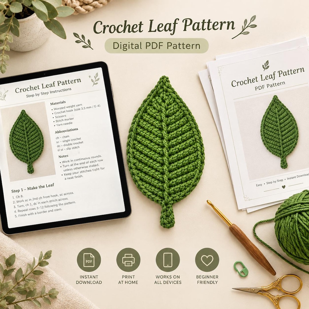 Crochet Leaf Pattern PDF Digital Download Beginner Easy Applique ...