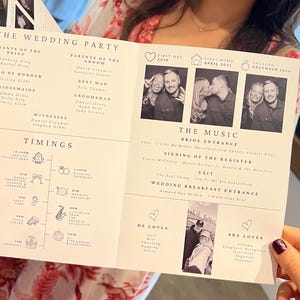 May include: A white wedding programme booklet featuring black text and monochrome photos. The layout includes sections for the wedding party, a timeline of events, music selections, and personal interests, all printed on a folded cardstock paper.