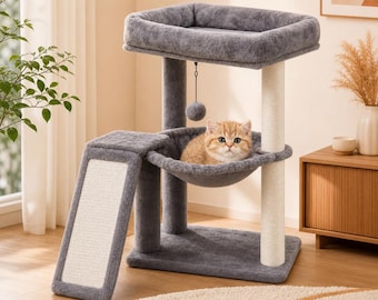Indoor Cat Tree, Grey Tower with Scratching Post, Hammock and Toy Balls, Kitten Furniture