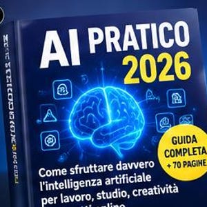 May include: A dark blue book titled AI PRATICO 2026 featuring a glowing neon blue brain illustration at the center. The cover includes various white line icons, a yellow circular badge stating GUIDA COMPLETA + 70 PAGINE, and Italian text.