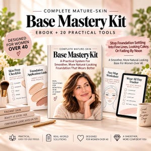 May include: A Complete Mature-Skin Base Mastery Kit featuring an ebook, a skin prep checklist, a foundation application guide, a face map worksheet, and a wear all day tracker. The kit includes printed materials, a gold pen, and a makeup brush.
