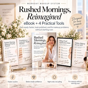 May include: A Workday Makeup System set featuring an eBook titled Rushed Mornings, Reimagined, a spiral-bound priority planner, a foundation shade matcher, a pilling-proof application guide, and a midday makeup rescue SOP with a coffee mug.
