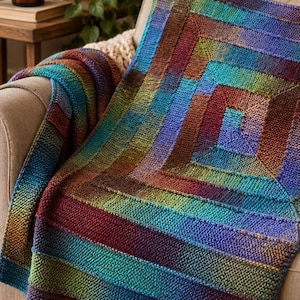 Knitted Spiral Blanket Pattern | Colorful Square Blanket | Garter Stitch Throw | Geometric Knit Blanket | Scrap Yarn Afghan | Digital PDF