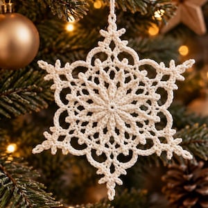 May include: A cream-colored, six-pointed snowflake ornament crafted from intricate crochet thread. The design features a central starburst pattern with delicate, open-work loops and pointed tips, suspended by a matching thin string loop.