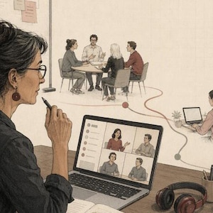 May include: A detailed illustration showing a person at a desk with a laptop displaying a video conference call. In the background, a group of people sit at a round table, and another person works on a laptop, all connected by thin red lines.