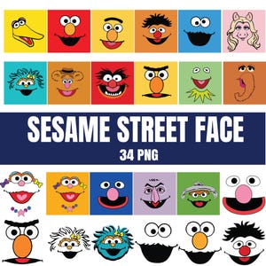 May include: A digital collection of 34 Sesame Street character faces featuring various colorful icons, including Big Bird, Elmo, Cookie Monster, and Miss Piggy. The graphic includes the text SESAME STREET FACE and 34 PNG in white on a dark blue background.