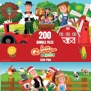 Puede incluir: Un paquete de archivos digitales con los personajes de La Granja de Zenón, incluyendo granjeros, un caballo, una vaca, un cerdo y un gallo. La escena incluye un tractor rojo, un molino, un granero, un girasol y maíz, con 200 archivos en total.