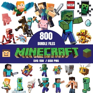 Könnte beinhalten: Eine digitale Sammlung von 800 Minecraft-Bundle-Dateien, darunter 150 SVG- und 650 PNG-Bilder. Die Grafik zeigt verschiedene blockartige Charaktere, Tiere und Gegenstände aus dem Spiel mit dem Text 800 BUNDLE FILES MINECRAFT SVG 150 / 650 PNG.