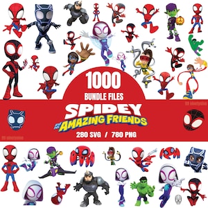 以下が含まれることがあります： 1000個のSpidey and His Amazing Friendsファイルを含むデジタルバンドル。280個のSVGと780個のPNG画像が含まれています。スパイダーマン、ゴースト・スパイダー、ブラックパンサー、ハルクなど、様々なカラフルなキャラクターがアクションポーズをとっている様子が描かれています。