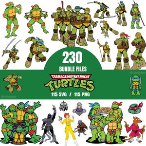 Puede incluir: Una colección digital de 230 archivos en paquete de Teenage Mutant Ninja Turtles, que incluye 115 imágenes SVG y 115 PNG. Los gráficos presentan varias ilustraciones de las cuatro tortugas, Shredder, April O'Neil, Splinter y escenas de pizza.