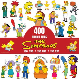 Può includere: Una collezione digitale di illustrazioni e grafiche dei personaggi di The Simpsons. L'immagine presenta vari personaggi gialli dei cartoni animati, tra cui Homer, Marge, Bart e Lisa, con il testo 400 BUNDLE FILES, THE SIMPSONS, 130 SVG, 130 PNG, 130 DXF.