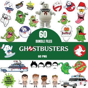 Puede incluir: Una colección digital de 60 archivos gráficos con temática de Ghostbusters que incluye ilustraciones del hombre de malvavisco Stay Puft, Slimer, el vehículo Ecto-1, siluetas de personajes y figuras estilo chibi con el texto 60 BUNDLE FILES GHOSTBUSTERS.