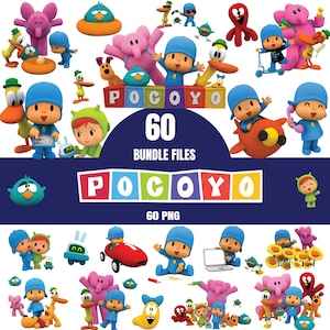May include: A digital collection of 60 Pocoyo character illustrations in PNG format, featuring Pocoyo, Pato, Elly, and other friends in various poses, activities, and settings, with the text Pocoyo 60 BUNDLE FILES and 60 PNG displayed prominently.