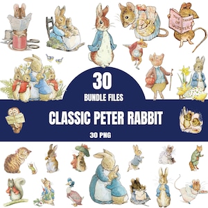 May include: A digital collection of 30 watercolor illustrations featuring Peter Rabbit and various animal characters from Beatrix Potter stories, including rabbits, mice, a cat, and a duck, set against a dark blue background with white text.