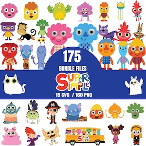 Op de afbeelding: Een digitale collectie van 175 Super Simple bundelbestanden met 15 SVG- en 160 PNG-afbeeldingen. De afbeelding toont een verscheidenheid aan kleurrijke stripfiguren, waaronder monsters, dieren, een piraat, een geest en een gele schoolbus.