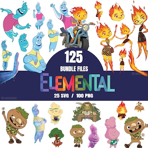 May include: A digital collection of 125 Elemental bundle files including 25 SVG and 100 PNG images. The graphic features various animated characters representing water, fire, earth, and air elements in diverse poses, outfits, and expressions.