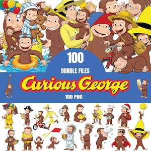 Op de afbeelding: Een digitale collectie van 100 Curious George PNG-bestanden met diverse illustraties van de bruine aap in verschillende outfits en activiteiten, waaronder fietsen, het vasthouden van ballonnen en het dragen van een gele hoed.