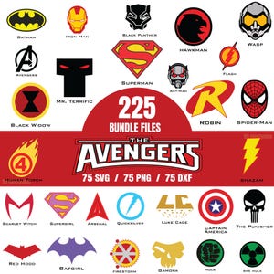 May include: A digital collection of 225 superhero and comic book character logos, including Batman, Iron Man, Black Panther, Superman, Spider-Man, and The Avengers. The graphic features various colourful icons, symbols, and emblems arranged in a grid layout with text labels identifying each character and the file formats included.
