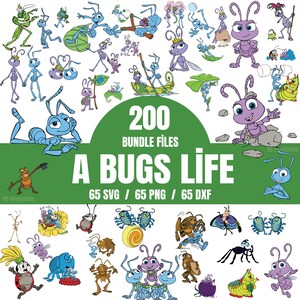 Puede incluir: Una colección digital de 200 archivos de paquete A Bugs Life que incluye 65 formatos SVG, 65 PNG y 65 DXF. La imagen presenta numerosos personajes de insectos de dibujos animados coloridos en varias poses, incluyendo hormigas azules, moradas, escarabajos.