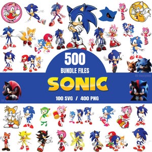 May include: A digital collection of 500 Sonic the Hedgehog bundle files, including 100 SVG and 400 PNG images. The graphic features various characters like Sonic, Amy Rose, Tails, Knuckles, and Shadow in multiple poses, colours, and action stances.