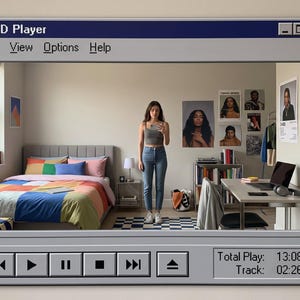 Op de afbeelding: Een digitaal grafisch kader in de stijl van een klassieke CD-speler software-interface met een grijze rand, afspeelknoppen en de tekst CD Player, Total Play: 13:08, Track: 02:26, met daarin een slaapkamer met een bed en bureau.