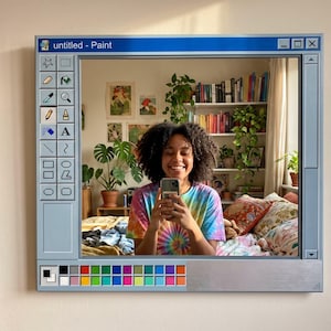 May include: A square wall mirror designed to resemble the classic Microsoft Paint computer software interface. The frame features a light blue border with a toolbar on the left, a color palette at the bottom, and the text "untitled - Paint" at the top.