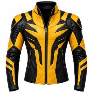 Könnte beinhalten: Eine schwarz-gelbe Lederjacke mit Stehkragen, durchgehendem Frontreißverschluss und zwei seitlichen Reißverschlusstaschen. Das Design umfasst geometrische Einsätze an Brust, Schultern und Ärmeln mit gerippten Details an den Armen.