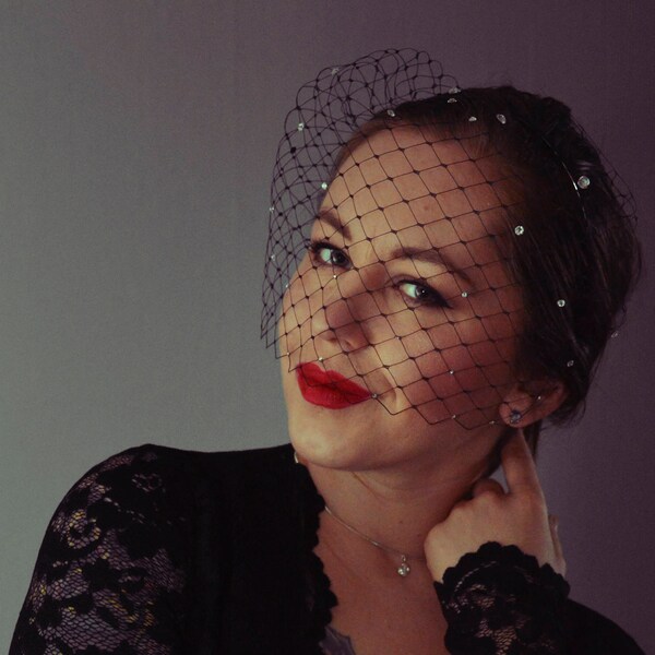 Black Birdcage Veil, Black Veil Headband, Marry Widow Veil, Black Fascinator, Black Veil with Swarovski Crystals, Headband Veil