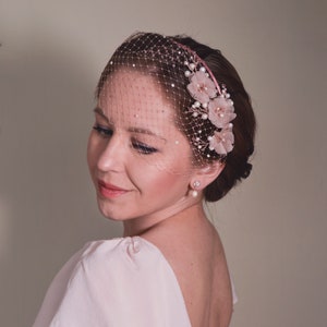 Pink Fascinator, Birdcage Veil, Bridal Headpiece, Cherry Blossom, Short Veil, Blush Pink Veil, Flower Headband,Pink , Wedding Fascinator, image 1